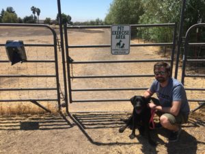 Man and dog in front of a gate with a sign that reads "Pet Exercise Area"