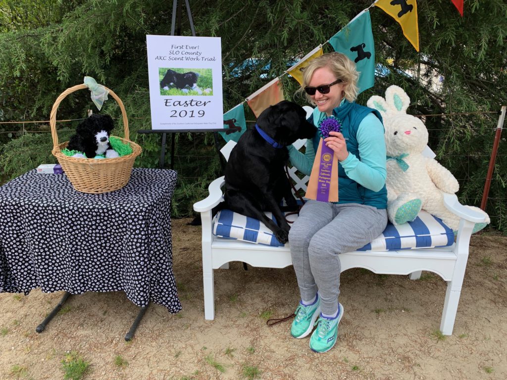 Black labrador and blonde woman sitting on a bench next to a stuffed Easter bunny. Woman is holding a multi-colored winning ribbon. Behind them is a sign which reads "First Ever SLO County AKC Scent Work Trial Easter 2019"